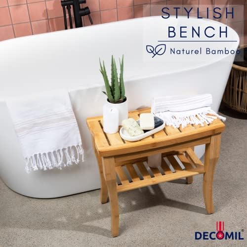 DECOMIL - ספסל מקלחת במבוק 19 , כסא מקלחת אמבטיה עם מדף אחסון | ספסל רחצה ללא מגרש מים | מושלם לשימוש פנים וחוץ